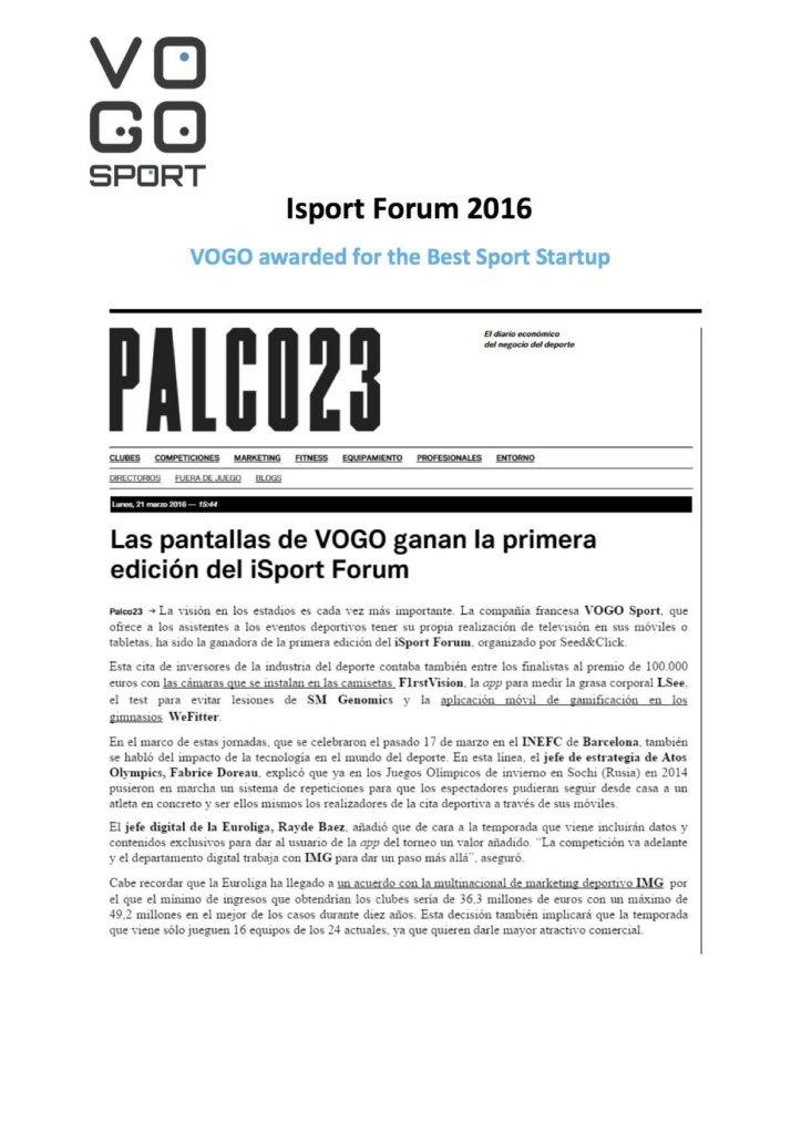 VOGO SPORT awarded at the iSport Forum Barcelona 2016